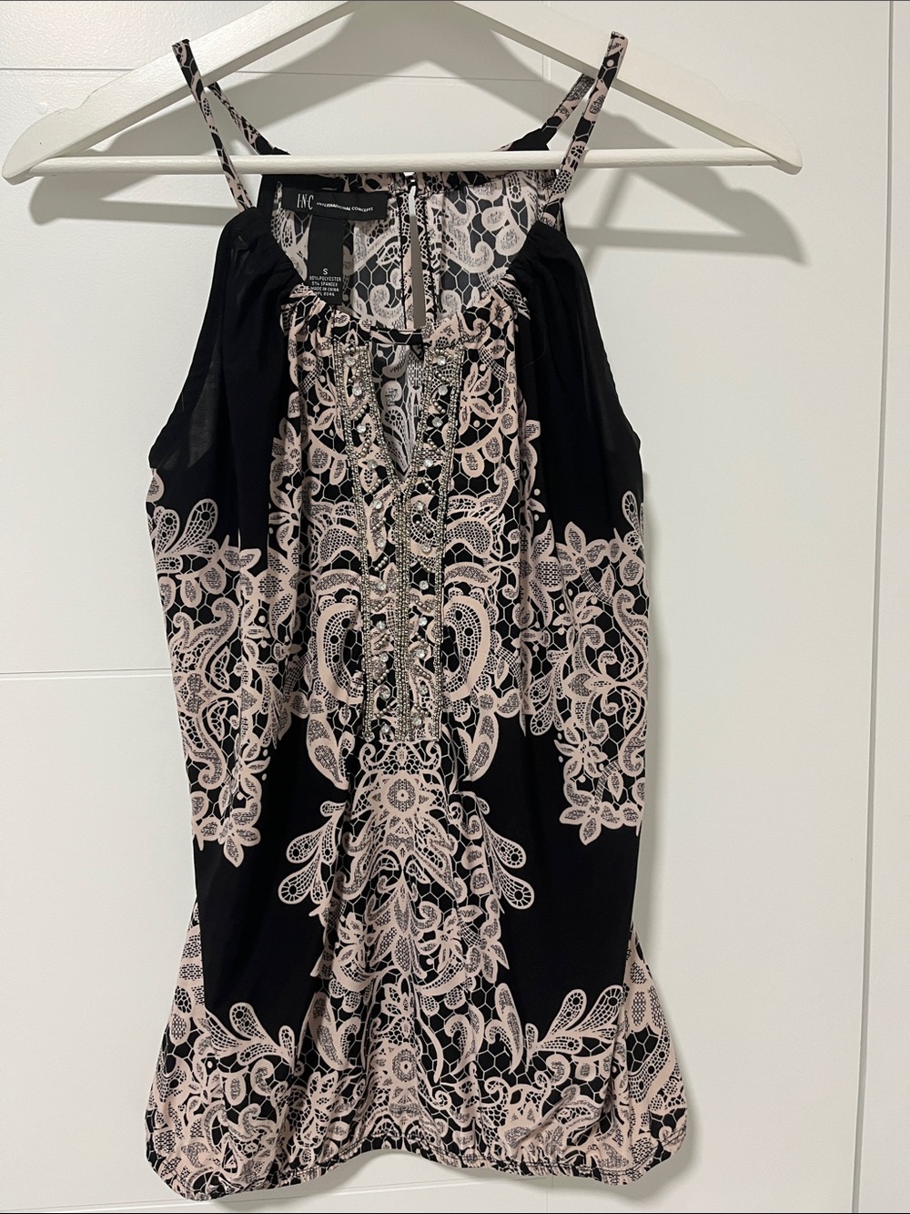 INC International Concepts Black & Light Pink Lace-Print Spaghetti Strap Dress